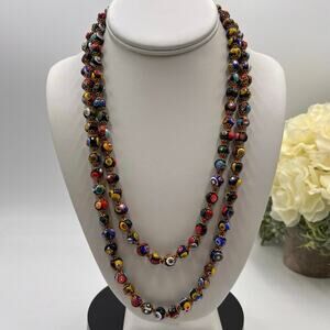 Venetian Glass Murano Colorful Millefiori Bead 45” Vintage Hand Knotted Necklace